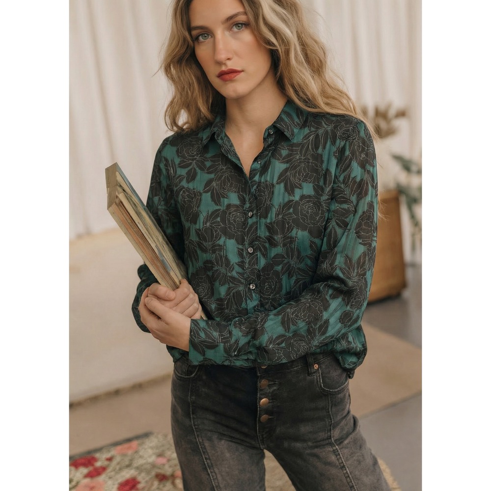 GAP Women's Boyfriend Shirt Green Black Floral Print Button Down Long Sleeve SM